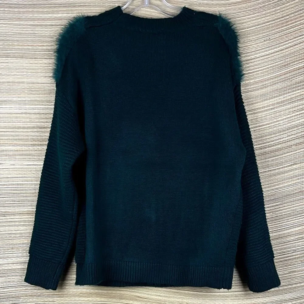 REVOLVE JOA Emerald Faux Fur Knit Sweater Pullover Crewneck Size M